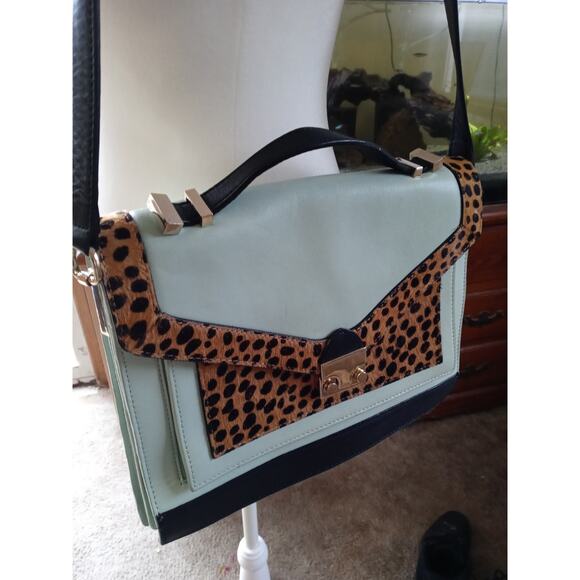 Loeffler Randall Handbags - LEOFFLER RANDALL Women's Green/Animal Print Calf Hair Rider Hand Bag Purse